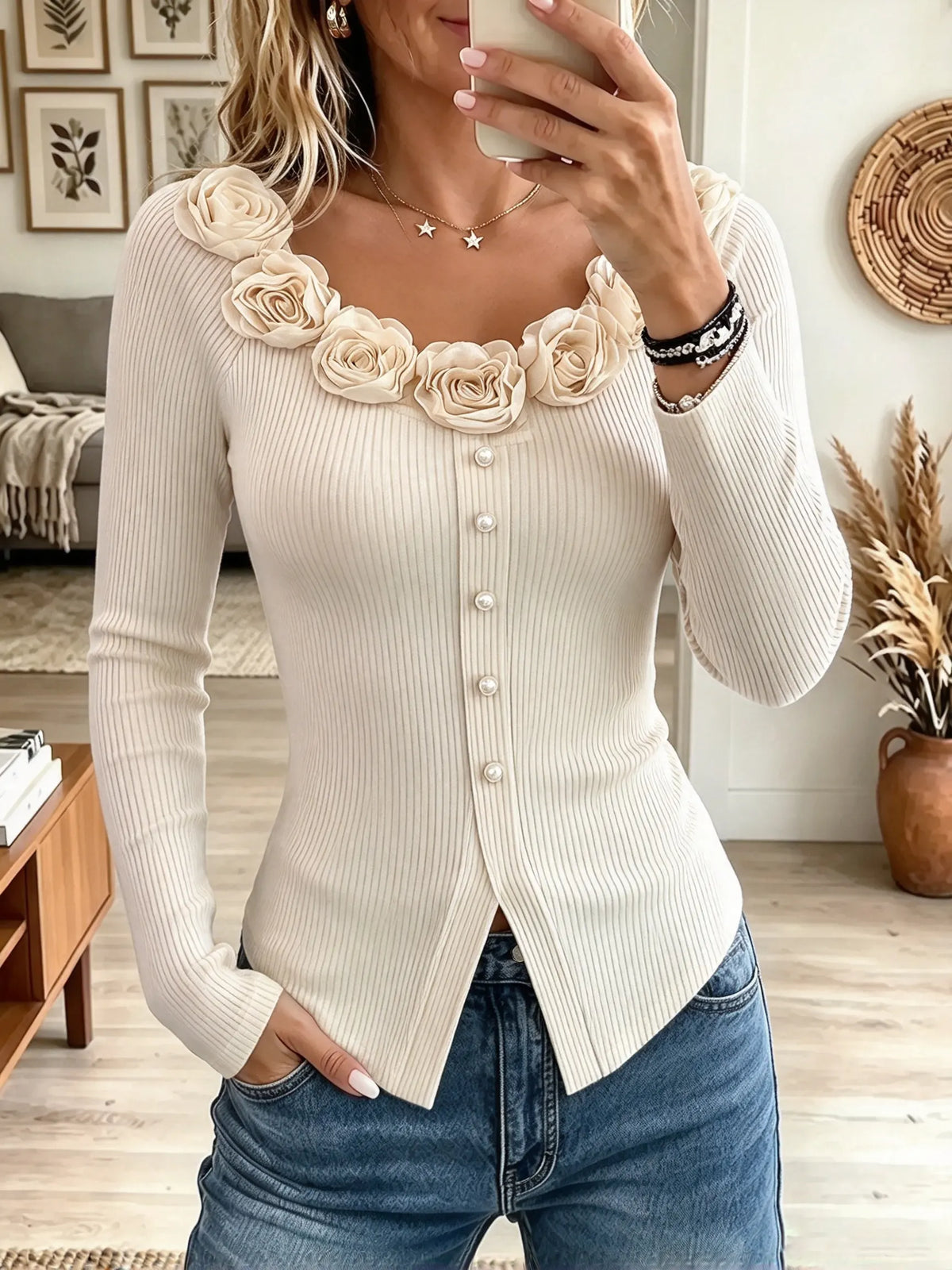 Women's 3D Rosette Trim Pearl Button Ribbed Top