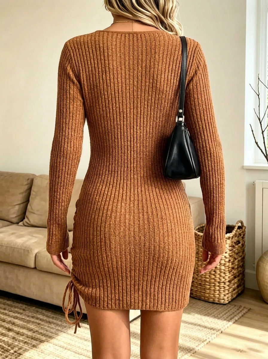 Women's Ribbed Knit Drawstring Ruched Mini Dress