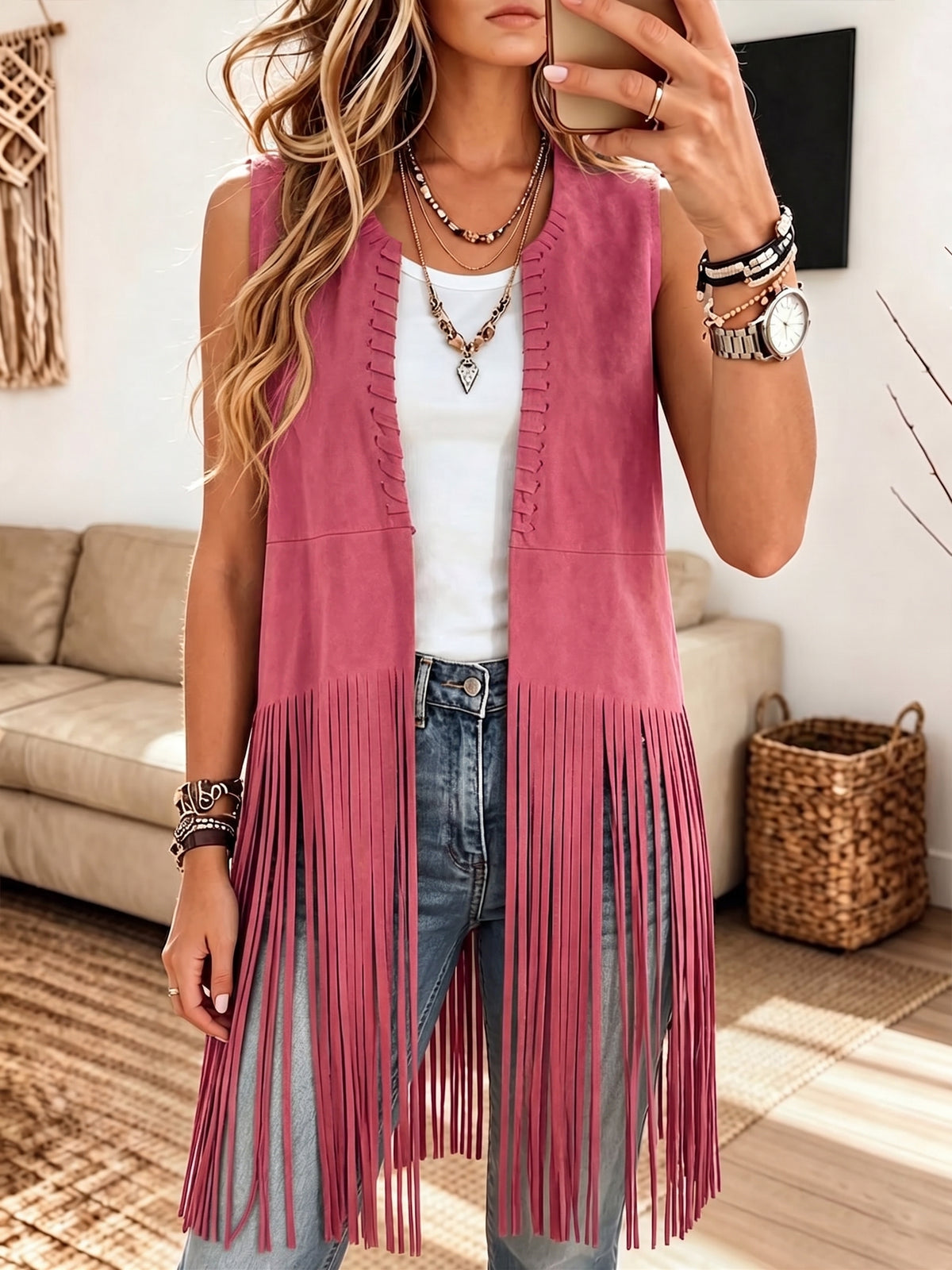 Women Western Suede Sleeveless Open Front Long Fringe Vest