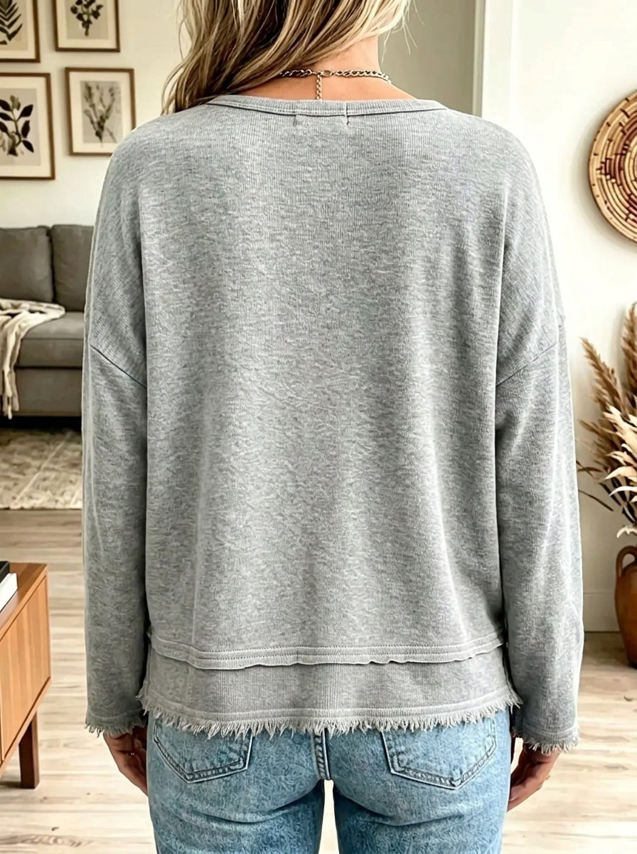 Women's Raw Hem Frayed V-Neck Pullover Sweatshirt
