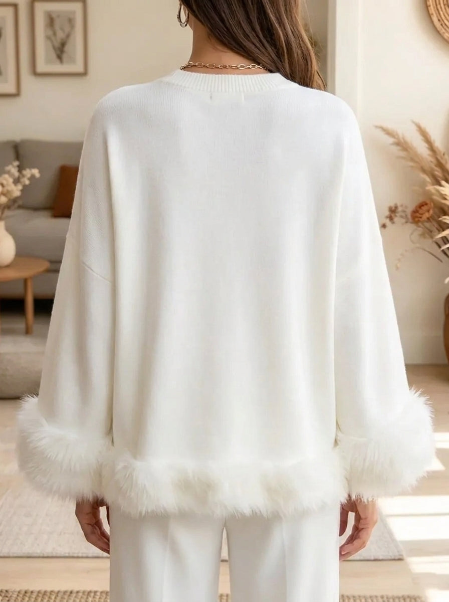 Women's Faux Fur Trim Mock Neck Knit Sweater