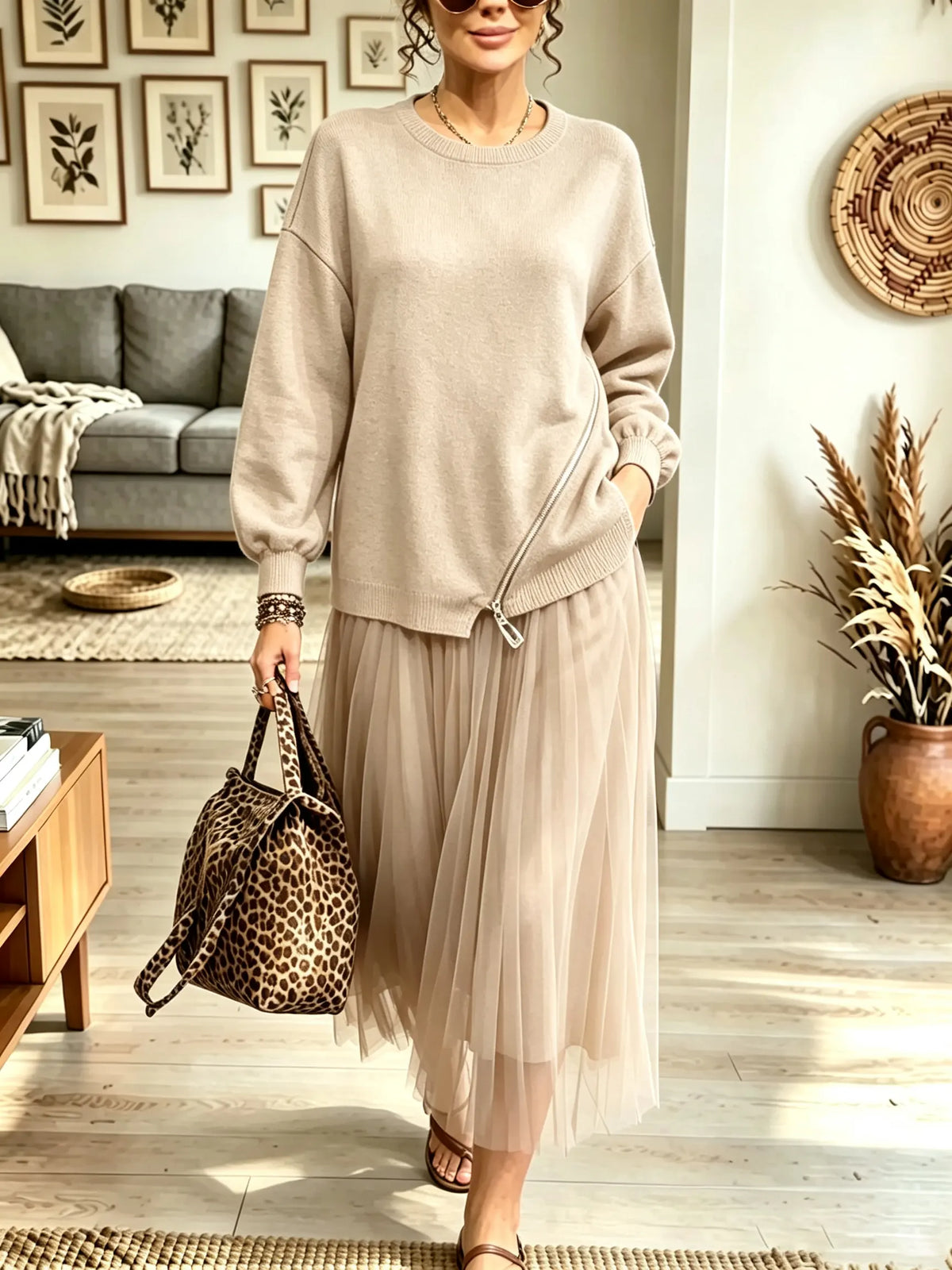 Women's Zipper Accent Sweater Tulle Faux Two-piece Midi Dress