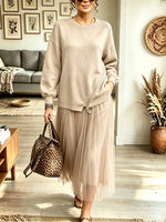 Women's Zipper Accent Sweater Tulle Faux Two-piece Midi Dress