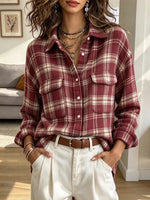 Vintage Lapel Plaid Pattern Art Casual Stylish Long Sleeve Shirt