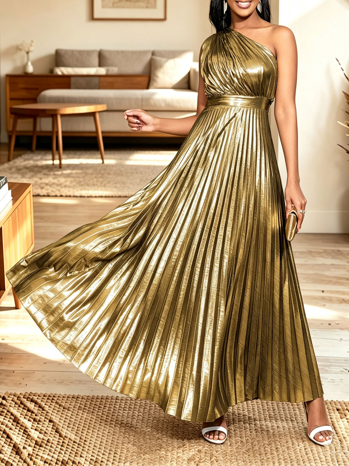Women Metallic Gold One‑shoulder Pleated Maxi Evening Dress