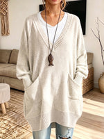 Women Oversized V‑Neck Multi‑Pocket Loose Long Knit Sweater