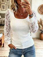 Women's Floral Lace Balloon Sleeve Ribbed Top