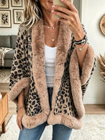 Women's Leopard Print Faux Fur Trim Cape Cardigan
