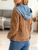 Vintage Elegant Denim Patchwork Suede Hood Jacket