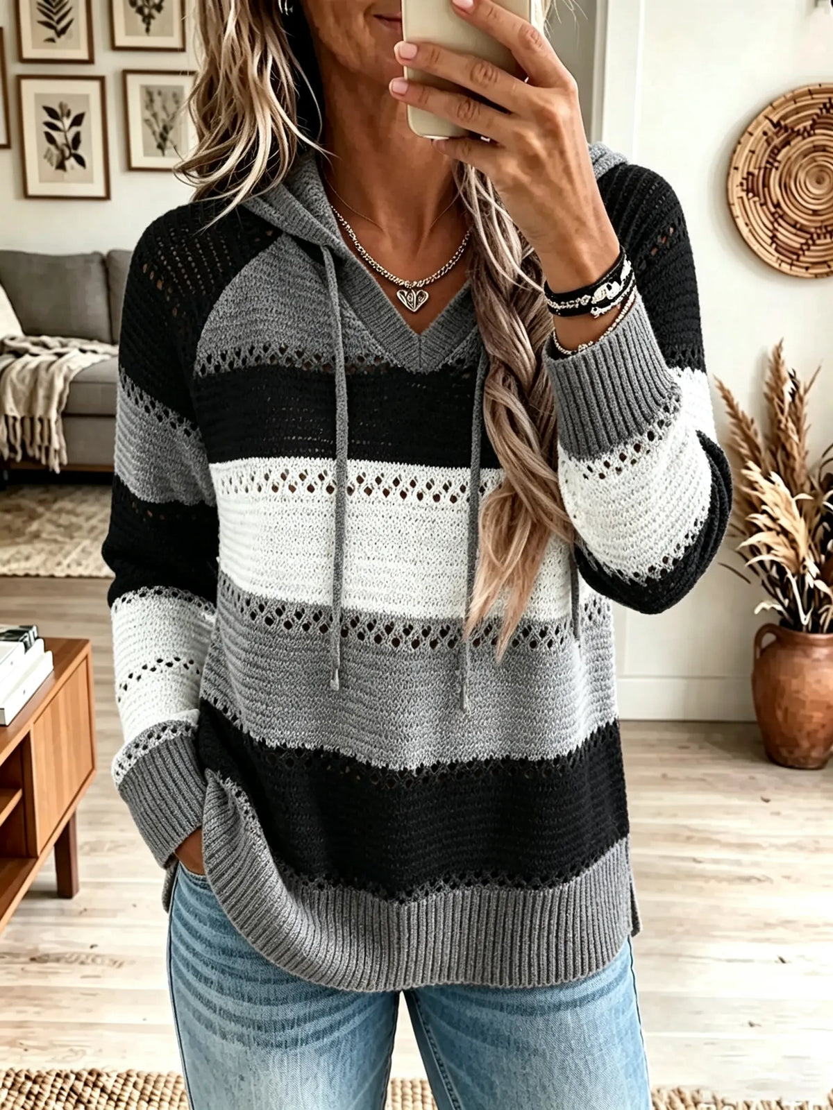 Women's Striped Knit Drawstring Hooded Sweater