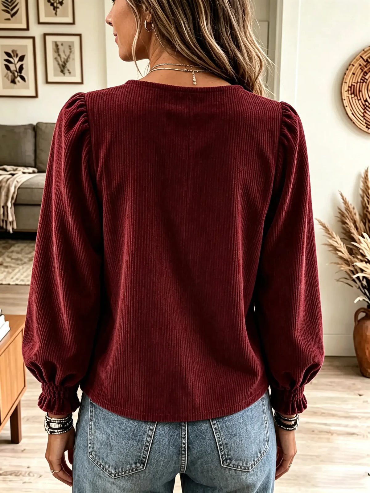 Women's Front Bow Corduroy Puff Sleeve Top