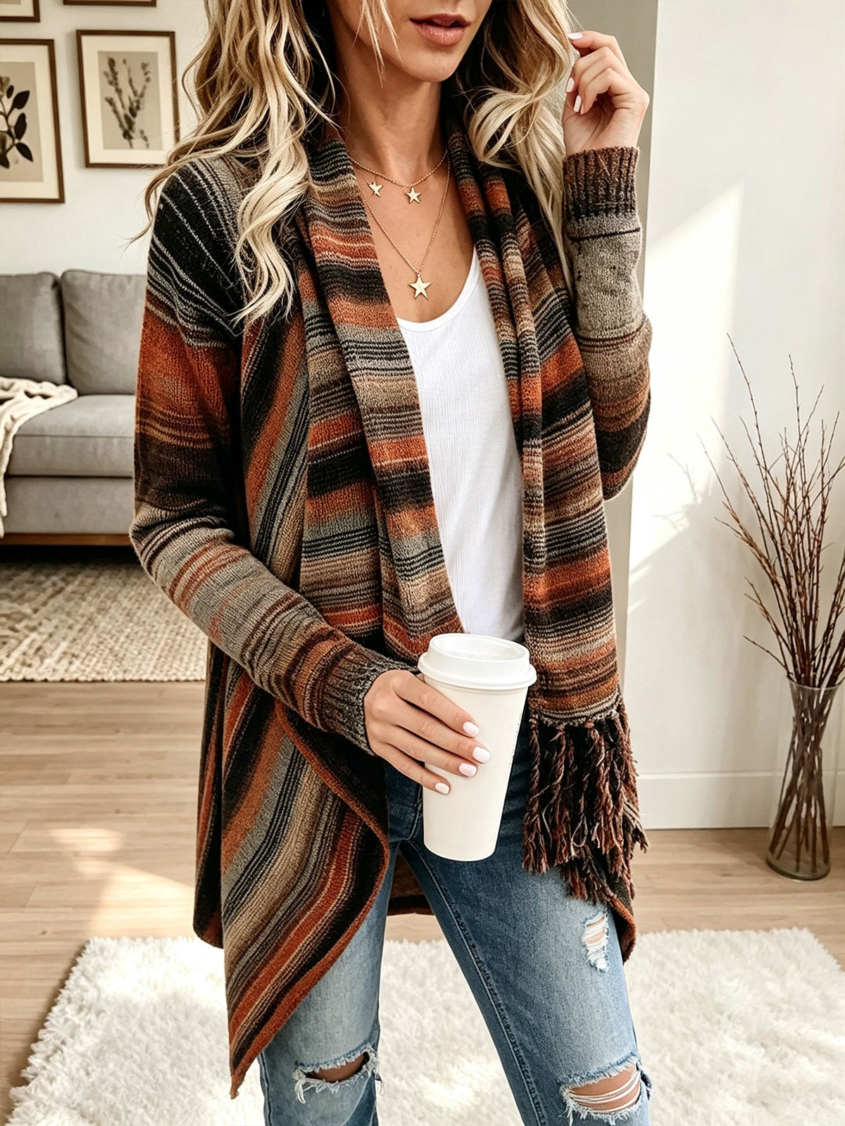 Women Striped Fringe Open Front Knit Cardigan