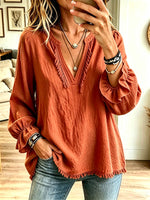 Women Boho Fringe V‑Neck Puff Long Sleeve Blouse Top