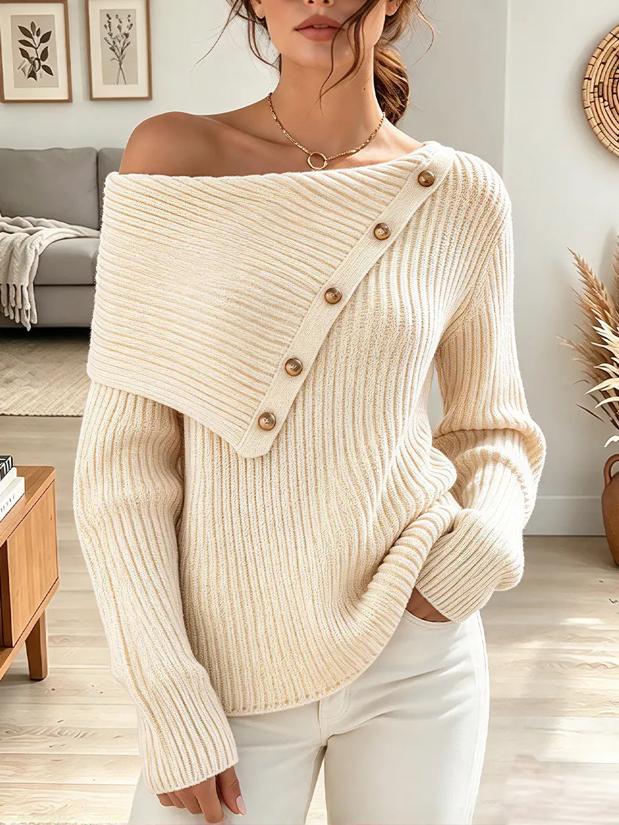 Vintage Elegant Irregularly Button Off-the-shoulder Knit Sweater
