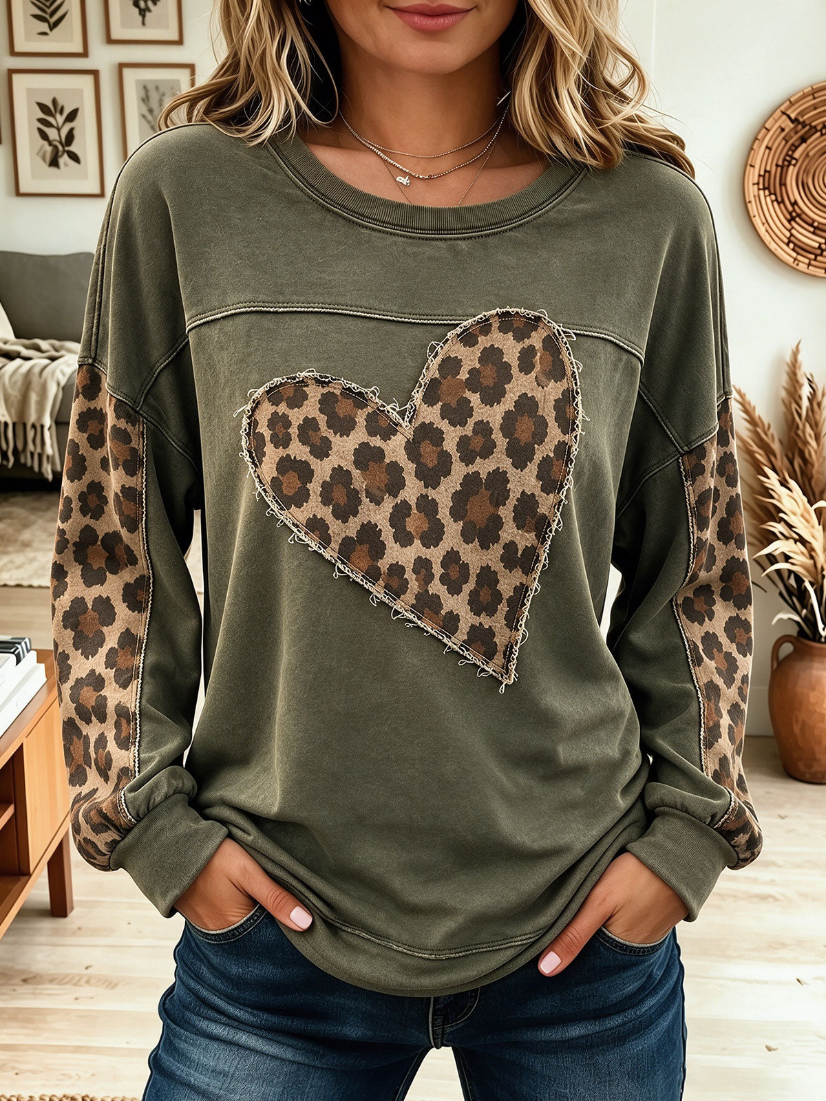 Women Olive Green Leopard Heart Patchwork Long Sleeve Sweatshirt