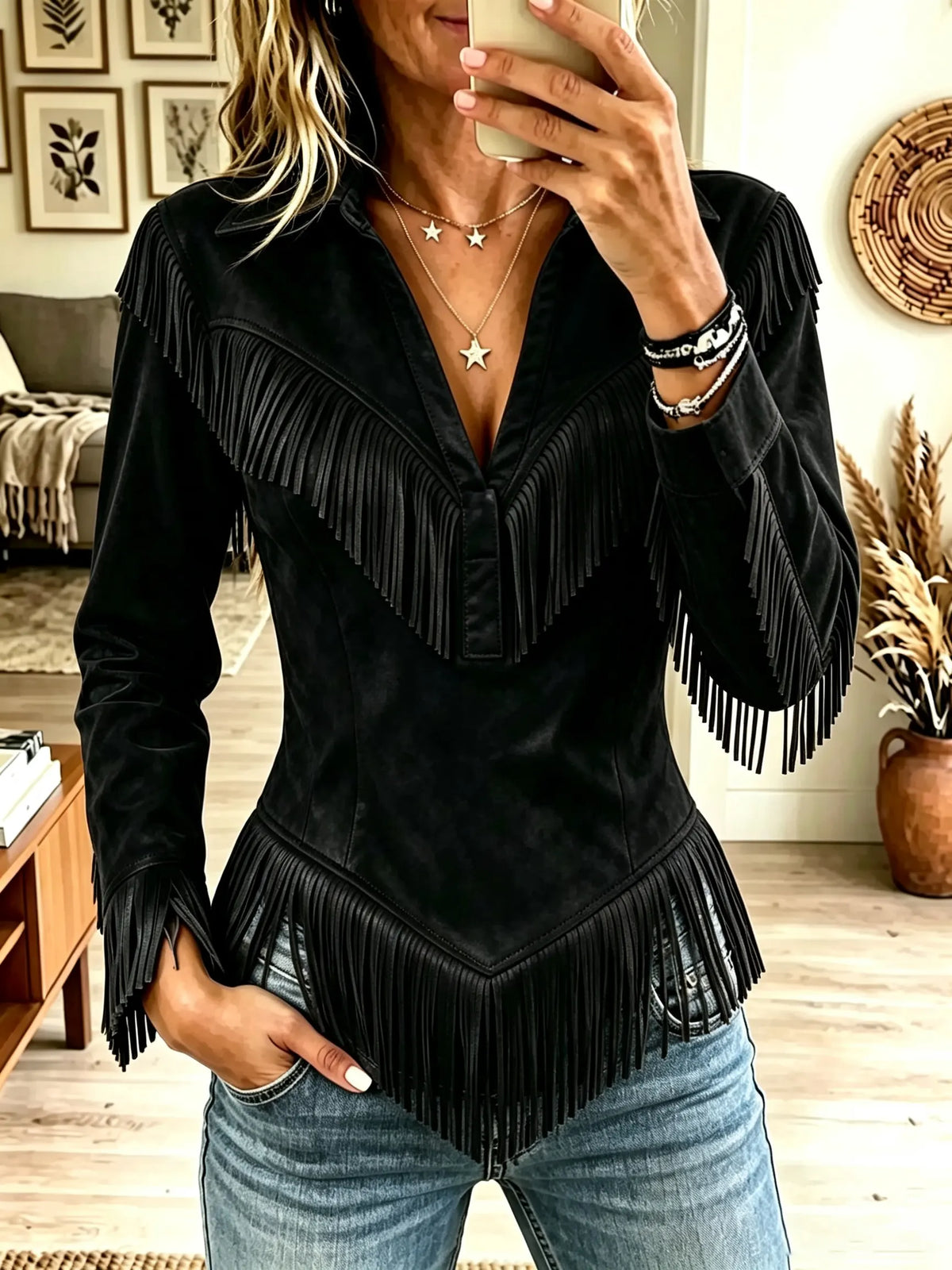 Women's Western Fringe Suede Pointed Hem Top