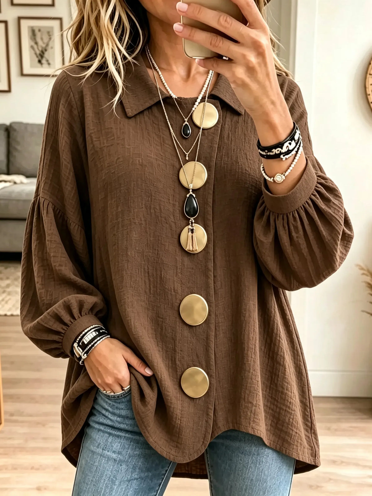 Women's Button Crinkle Tunic Blouse