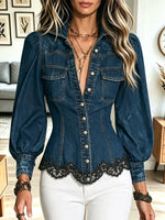 Vintage Lace Patchwork Denim Art Casual Stylish Long Sleeve Lapel Coat