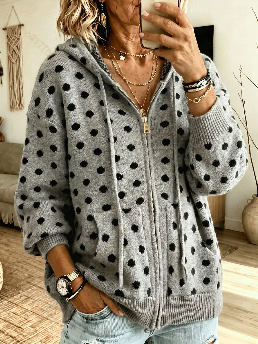 Vintage Polka Dot Hooded Knitted Zip Art Casual Stylish Long Sleeve Sweater Coat