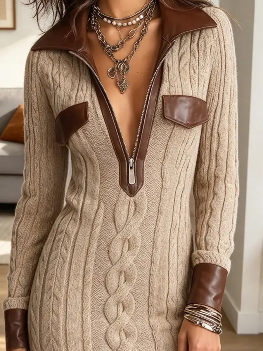 Vintage Chic Lapel Art Casual Stylish Long Sleeve Knitted Short Dress