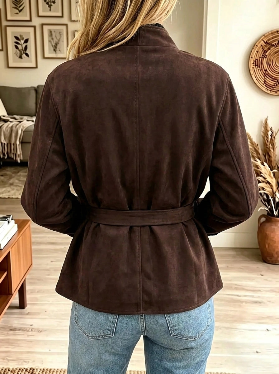 Women's Tie-Belt Button-Front Faux Suede Cardigan Jacket