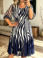 Women Zebra Print Puff Sleeve Flared Chiffon Midi Dress