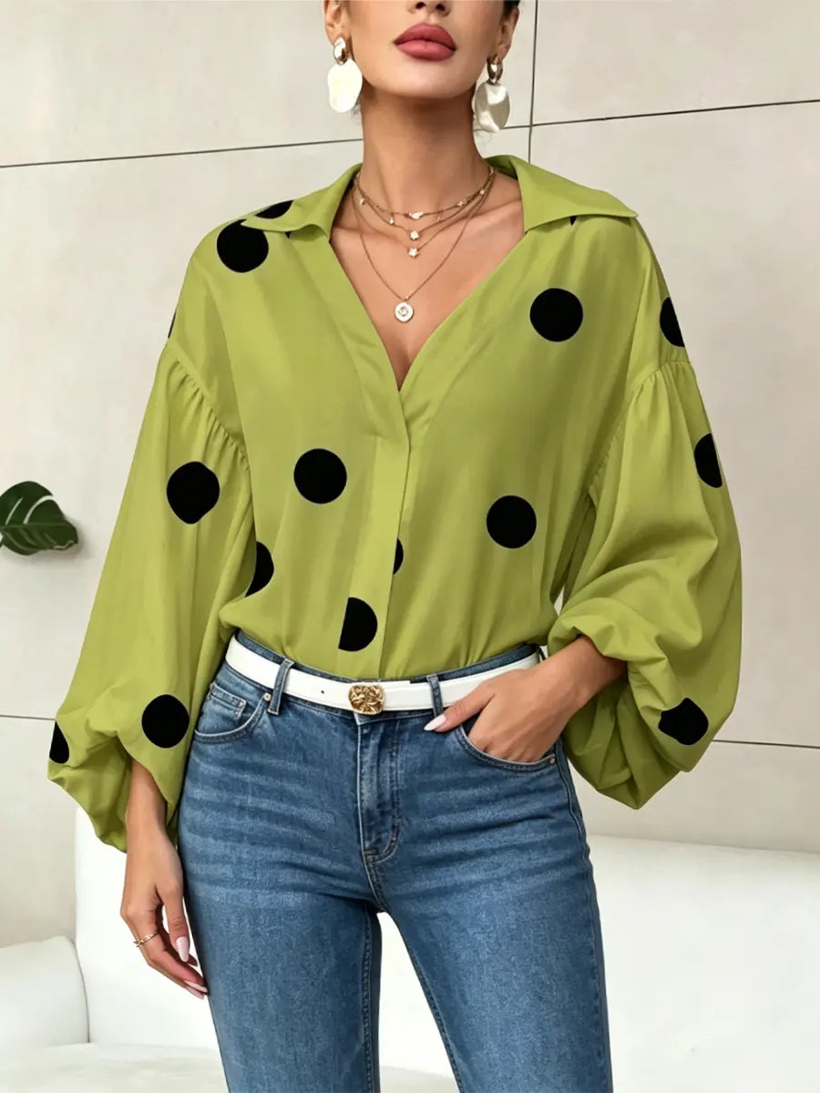 Retro Polka Dot Elegant Balloon Sleeves Art Casual Stylish Lapel Cotton Shirt