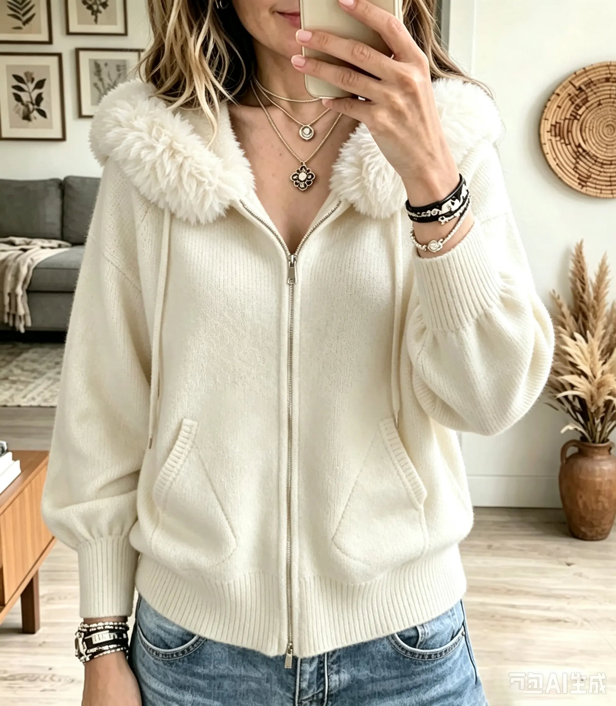 Women's Faux Fur Hooded Full-Zip Knit Cardigan