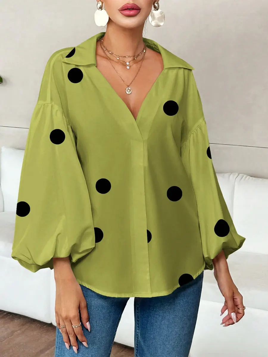 Retro Polka Dot Elegant Balloon Sleeves Art Casual Stylish Lapel Cotton Shirt