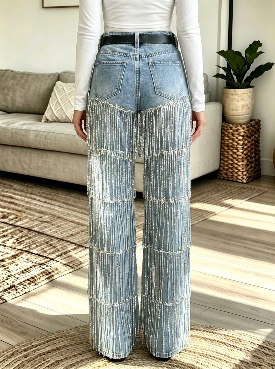 Women's Tiered Rhinestone Fringe Wide-Leg Denim Jeans