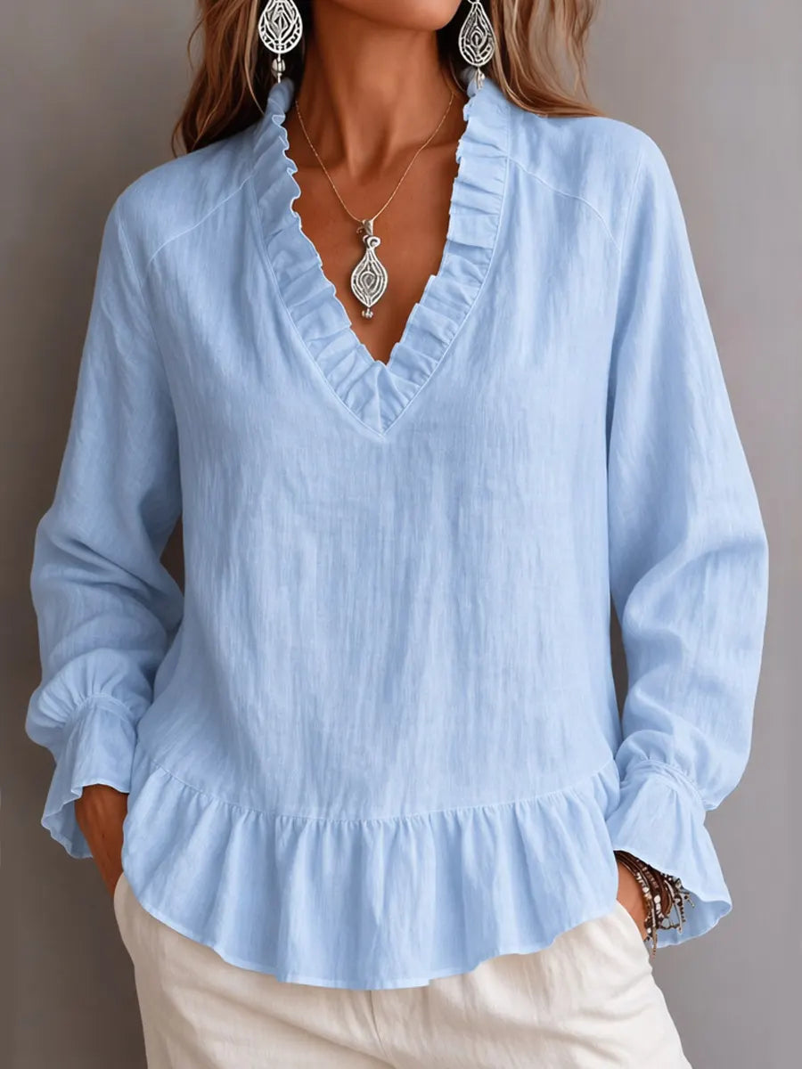 Retro Solid Color Ruffle Art V Collar Casual Long Sleeve Cotton Linen Shirt