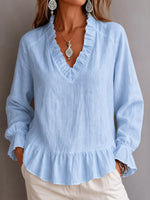 Retro Solid Color Ruffle Art V Collar Casual Long Sleeve Cotton Linen Shirt