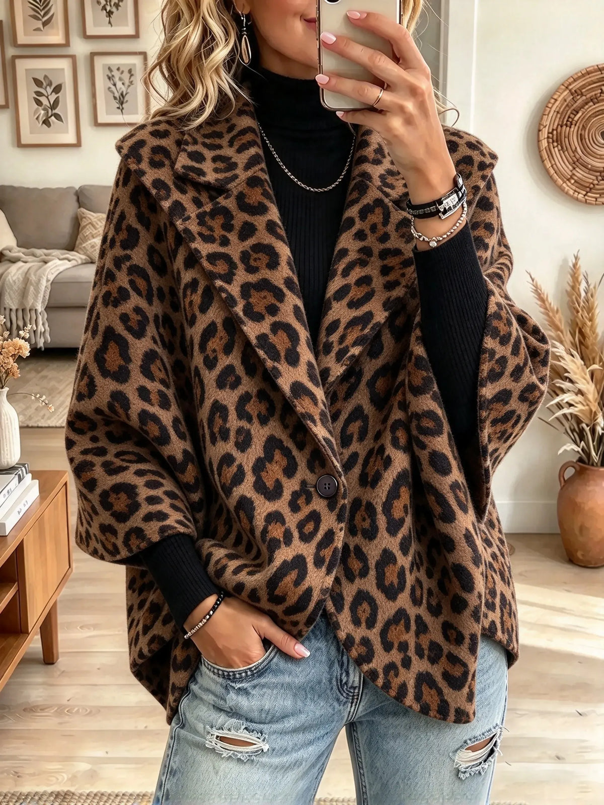Women's Leopard Print Shawl Collar Cape Coat