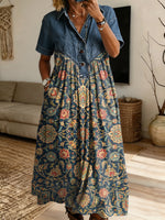 Retro Floral Pattern Art Print Casual Stylish Lapel Denim Patchwork Dress
