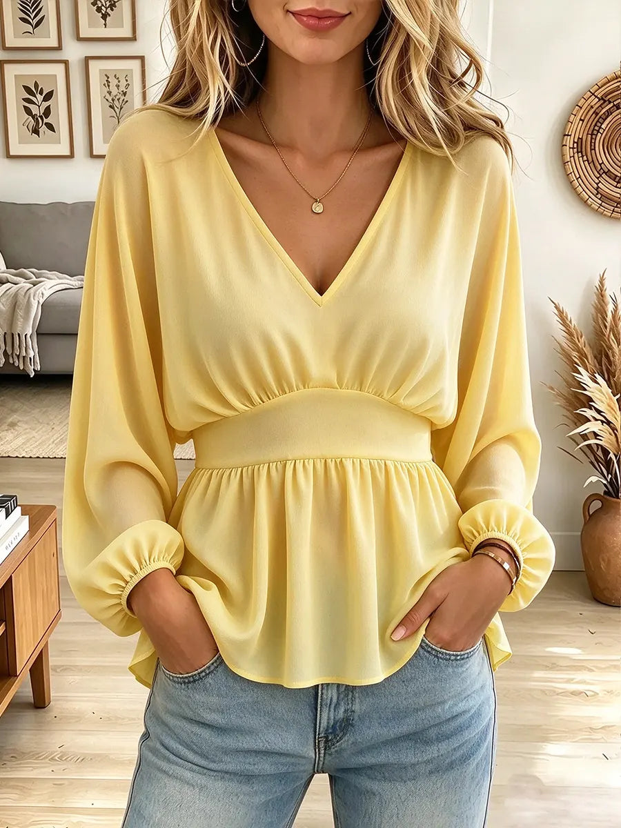 Women's Solid-color Long-sleeve V-neck Pullover Top