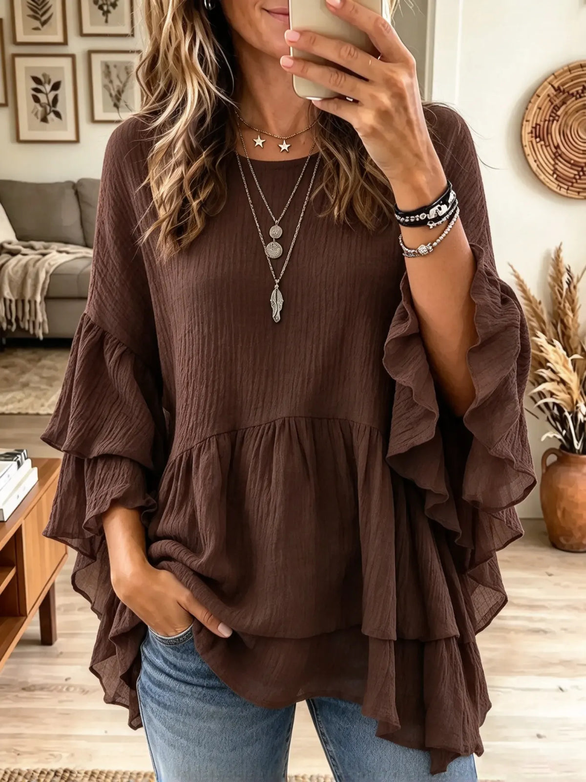 Women's Tiered Ruffle Flared Sleeve Babydoll Blouse