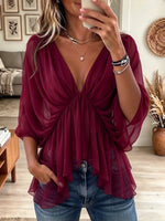 Women's V-Neck Pleated Chiffon Blouse