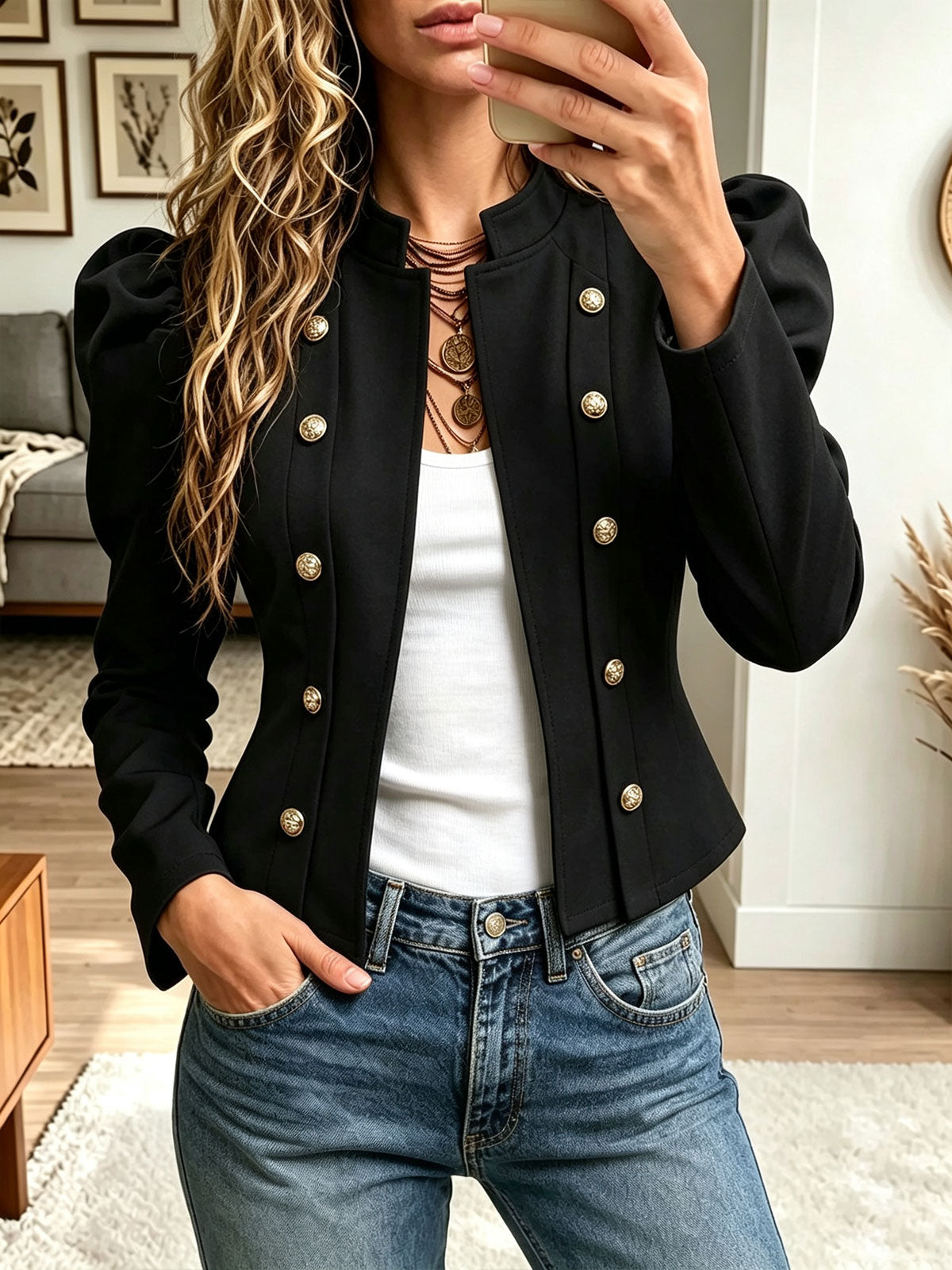 Women Stand Collar Puff Sleeve Double Breasted Cropped Jacket
