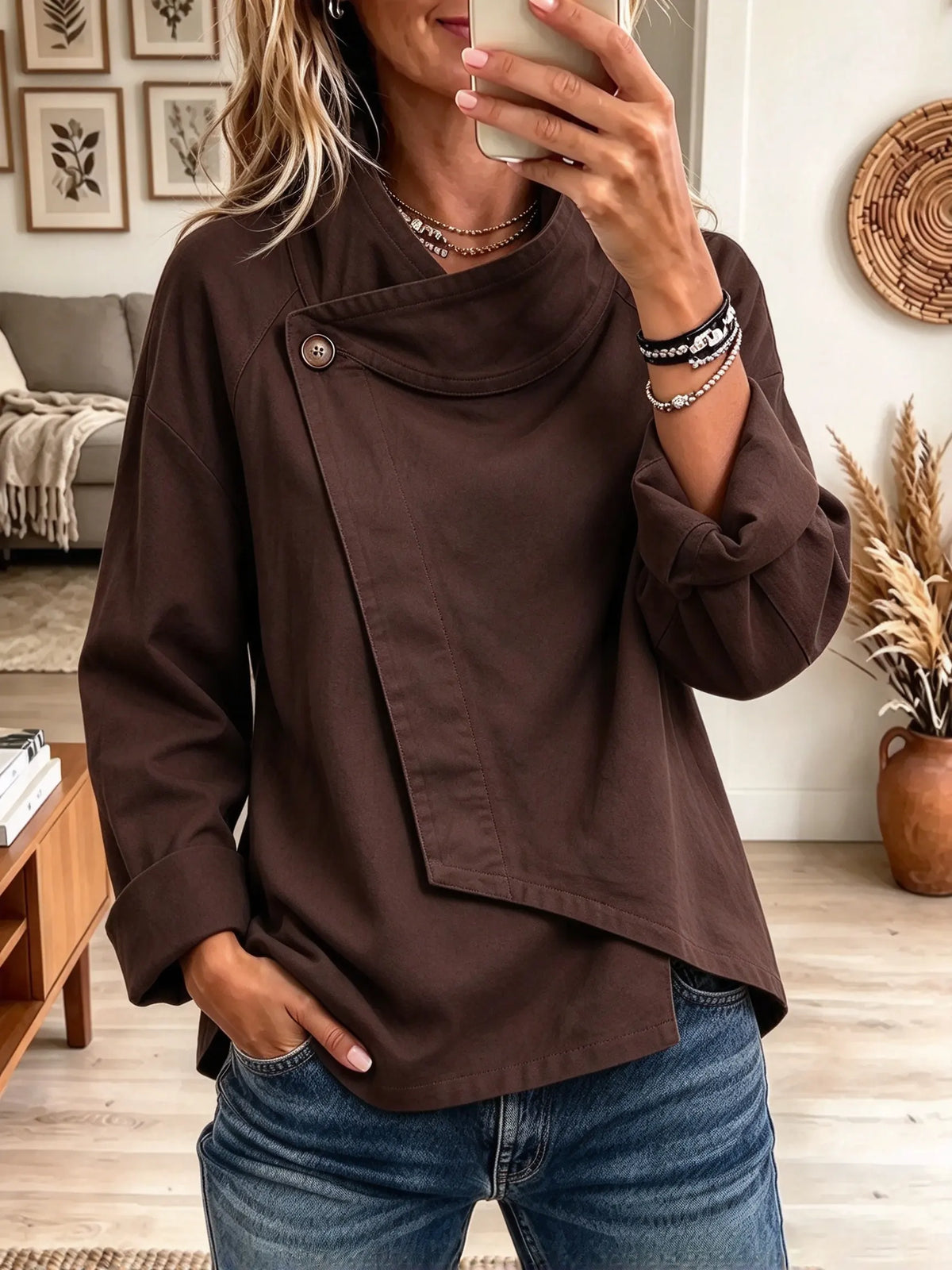 Women's Asymmetrical Button Wrap Collar Cotton Jacket