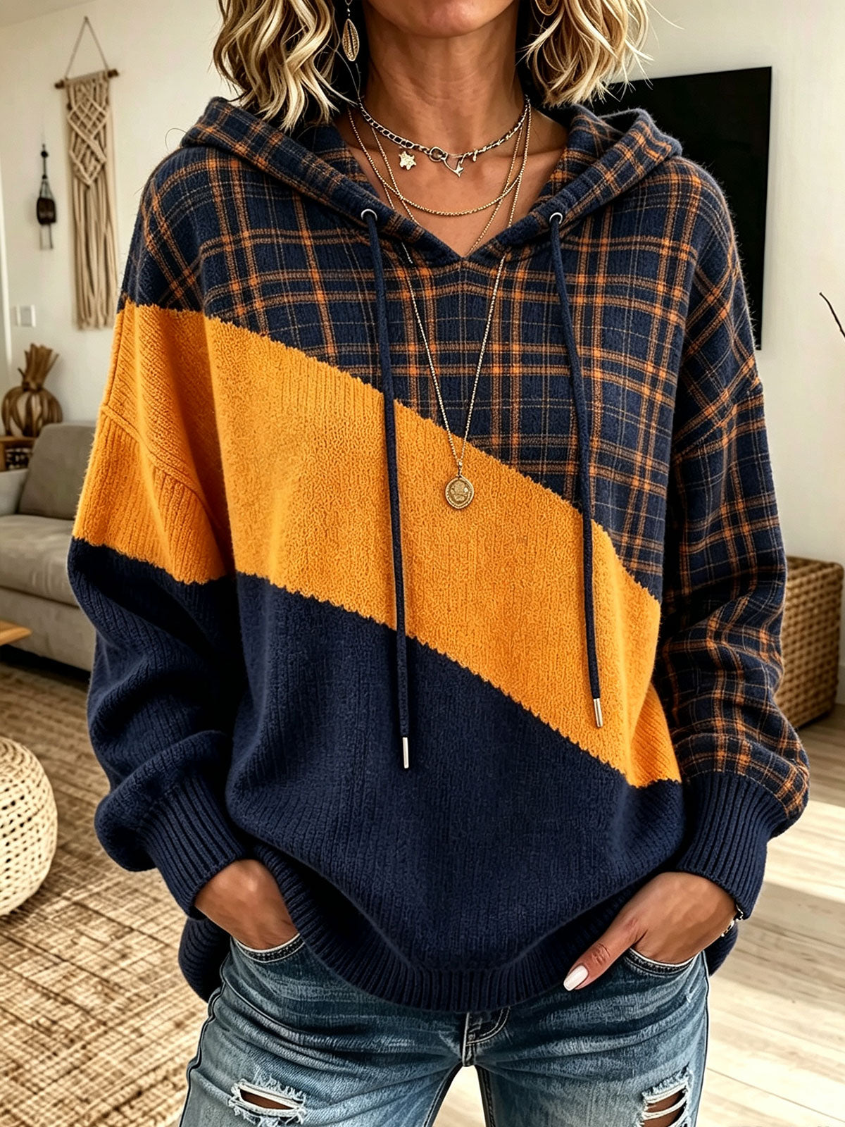 Women Plaid Color‑Block Drawstring Hooded Long Sleeve Knit Sweater