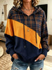 Women Plaid Color‑Block Drawstring Hooded Long Sleeve Knit Sweater