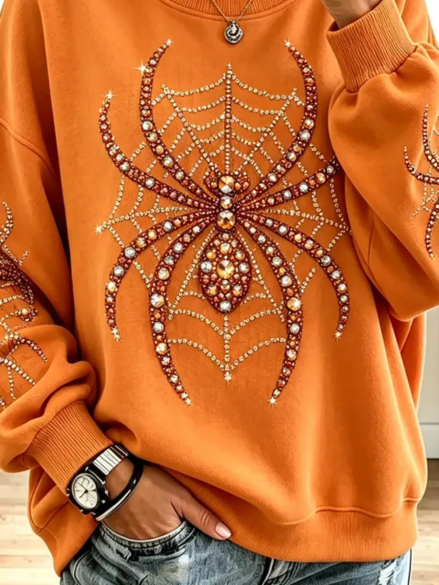 Vintage Halloween Spider Pattern Shiny Art Casual Stylish Long Sleeve Sweatshirt
