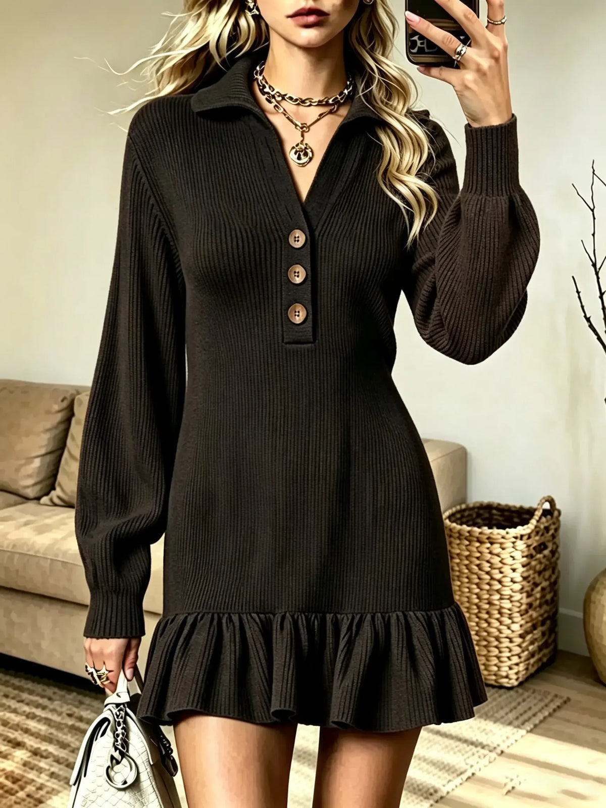 Women's Polo Collar Ruffle Hem Ribbed Sweater Dress