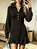 Women's Polo Collar Ruffle Hem Ribbed Sweater Dress