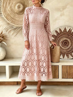Women's Solid Hollow Lace Long Sleeve Midi Dress