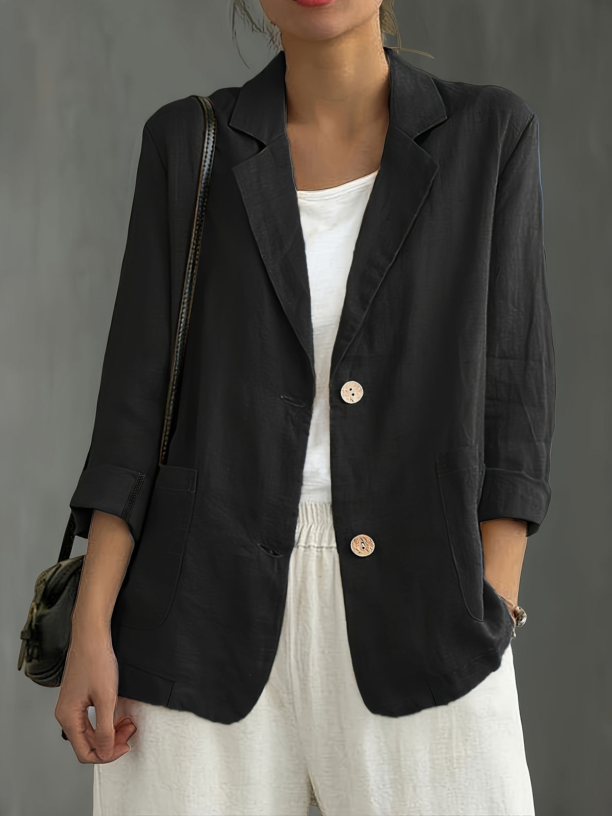 Women Casual Linen Blend Notched Lapel 3/4 Sleeve Blazer Jacket