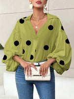 Retro Polka Dot Elegant Balloon Sleeves Art Casual Stylish Lapel Cotton Shirt