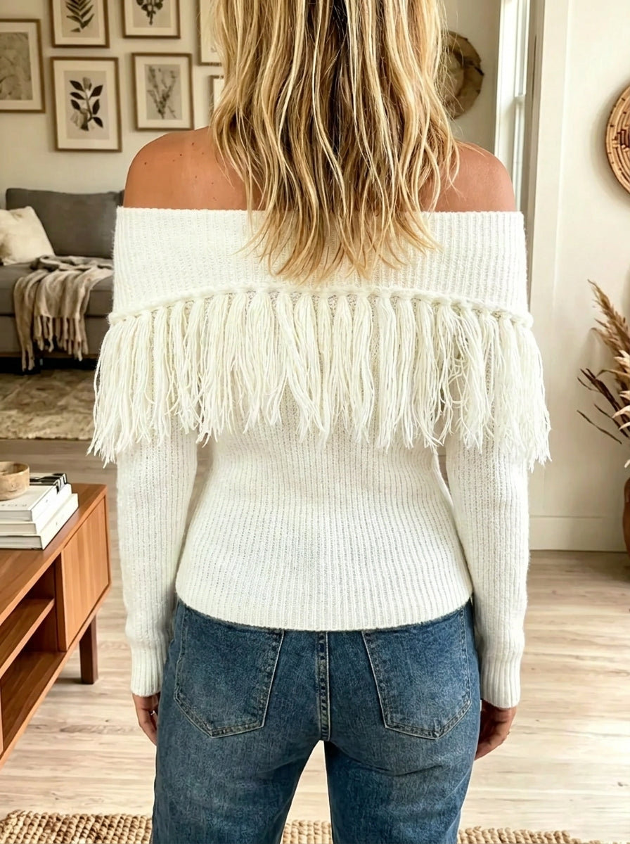 Women's Off-the-Shoulder Fringe Trim Knit Sweater