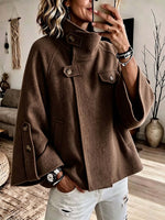 Women's Stand Collar Button Accent Woolen Cape Coat