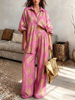 Vintage Elegant Shimmering Cotton-linen Shirt And Trousers Two-piece Set
